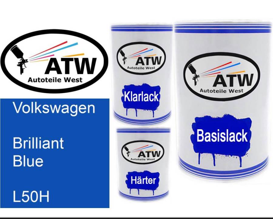 Volkswagen, Brilliant Blue, L50H: 500ml Lackdose + 500ml Klarlack + 250ml Härter - Set, von ATW Autoteile West.